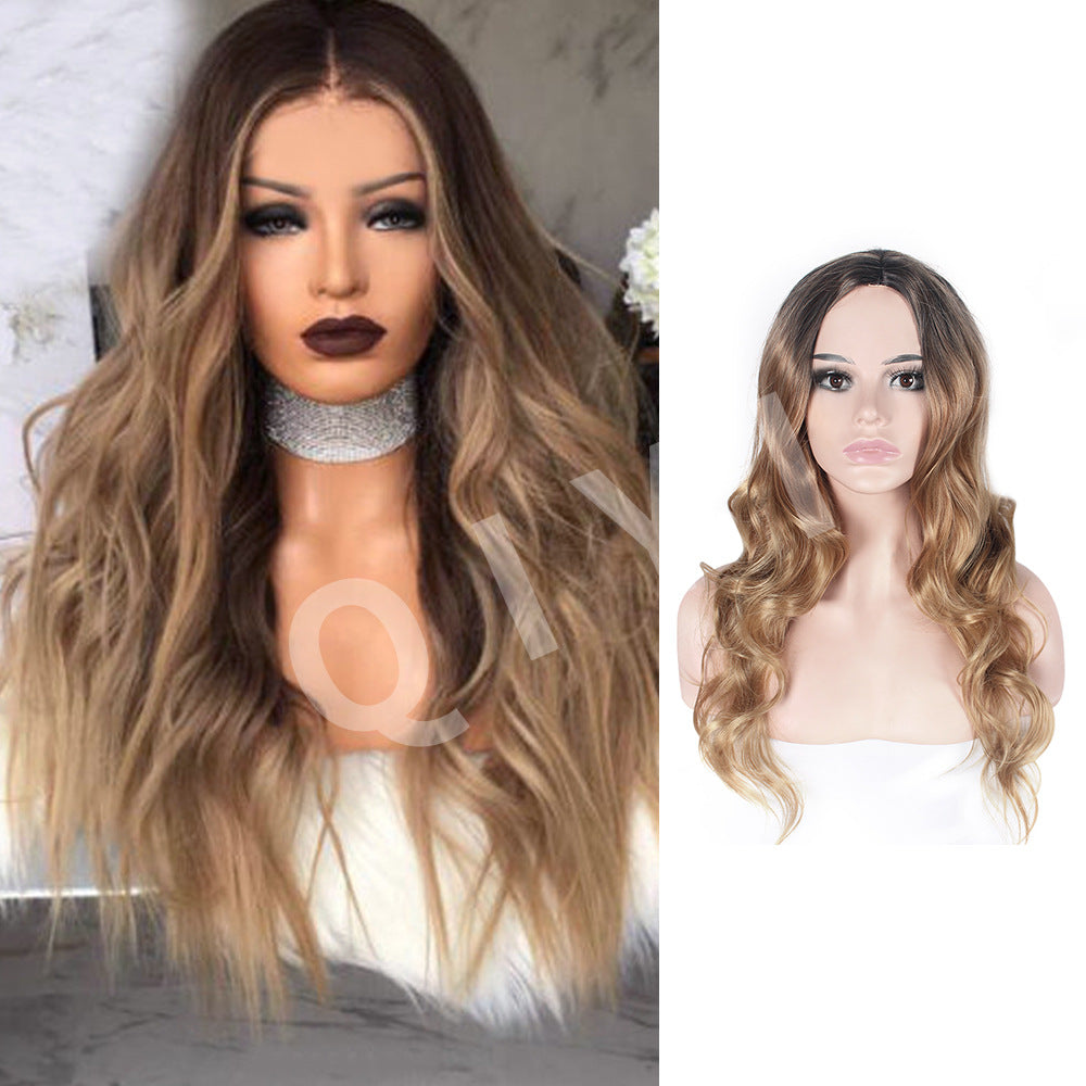 Wholesale Middle-parted gradient yellow long curly hair women's big wave rose net wig